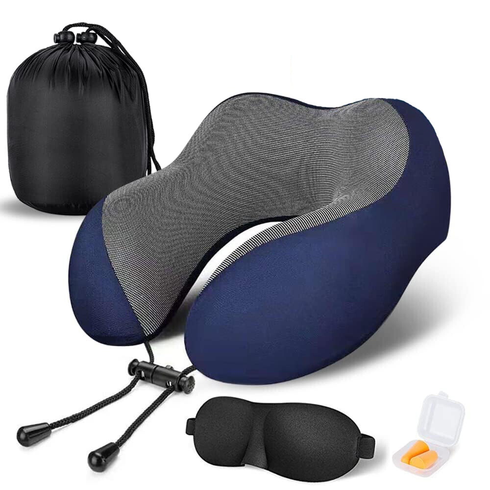 Travel Pillow 100 Pure Memory Foam Neck Pillow Breathable Cover with Eye Masks Earplugs and Luxury Bag Standard Blue Soft